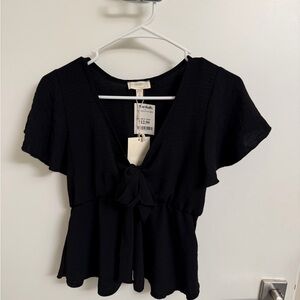 See You Monday Black Tie-Front Peplum Blouse